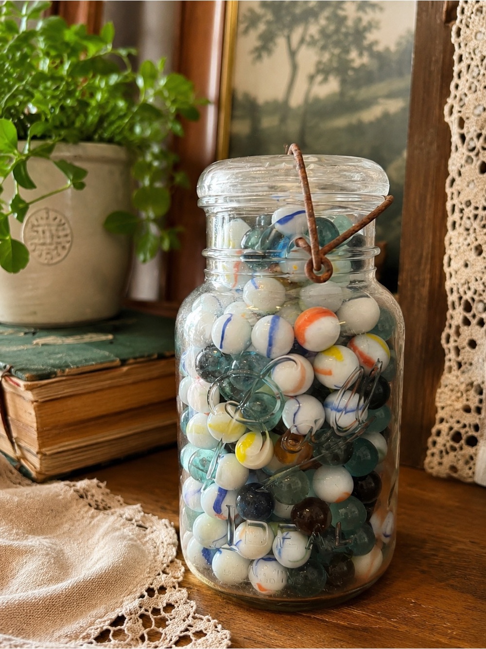 Vintage Marbles - Ball Mason Jar Filled with Colorful Glass Marbles